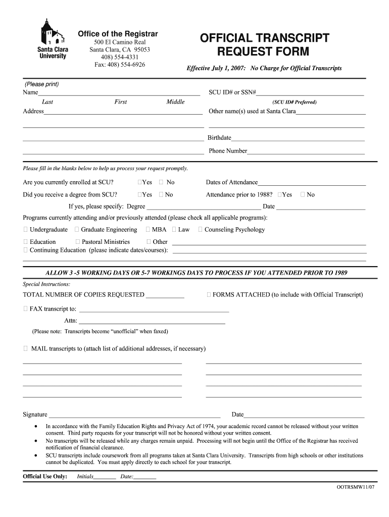  Santa Clara University Transcripts Form 2007