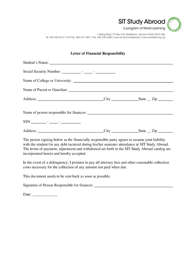 Financial Responsibility Letter  Form
