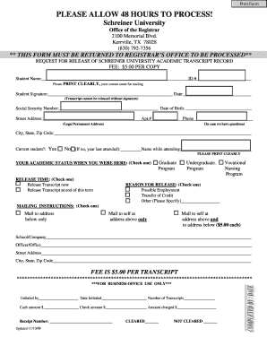 Schreiner University Transcript Request  Form