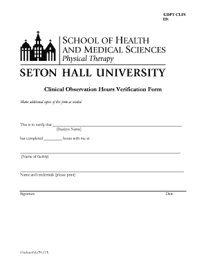 Observation Hours Verification Form for Physical Therapy Shu