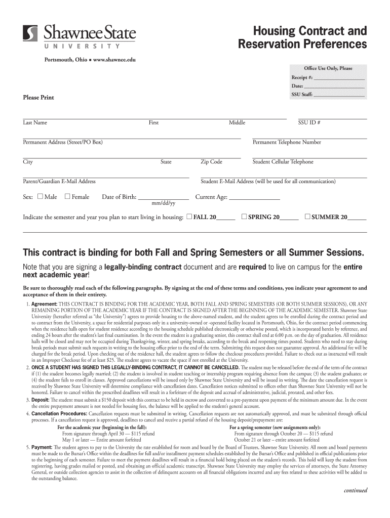 Housing Application  Shawnee State University  Form