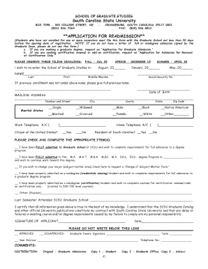 Readmission to Graduate School South Carolina State University Form