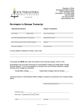 Download Transcript Request Form PDF Southeastern Bible College