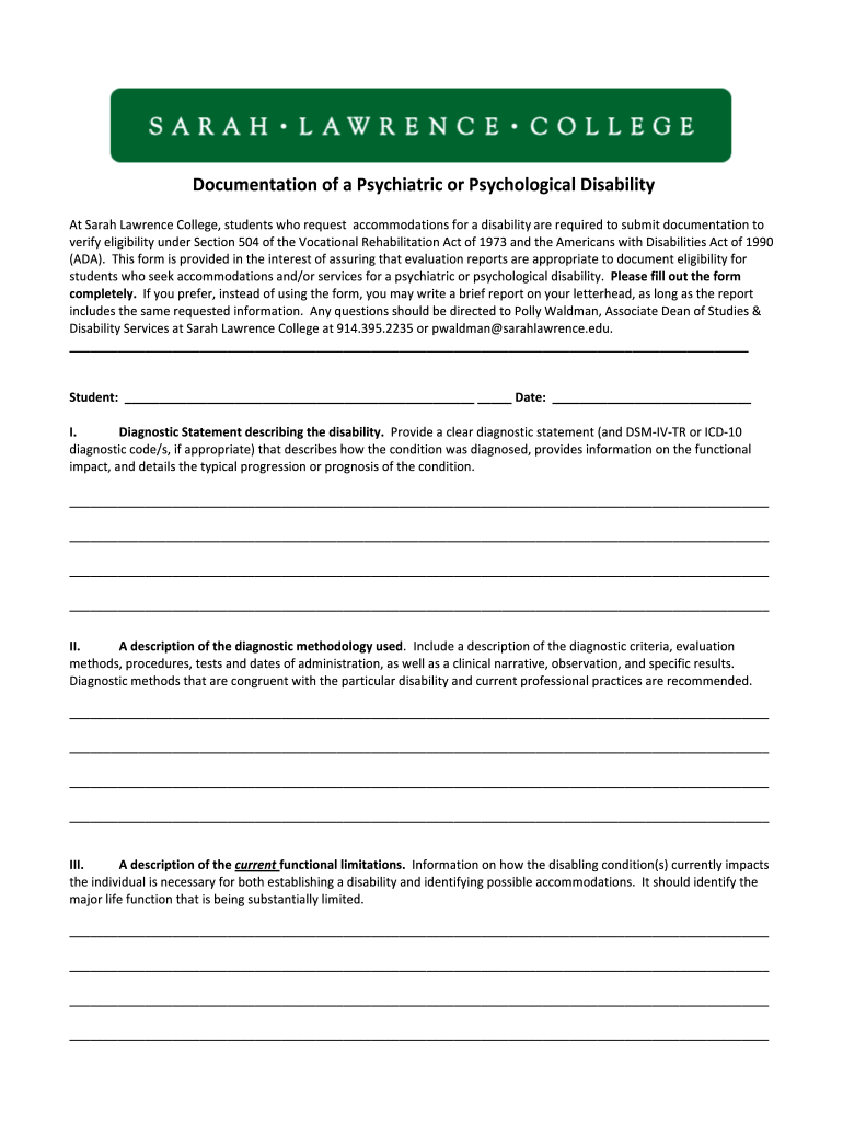 Documentation of a Psychiatric or Psychological Disability Form Slc