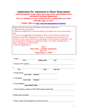 Application for Admission to Music Department Siue Form