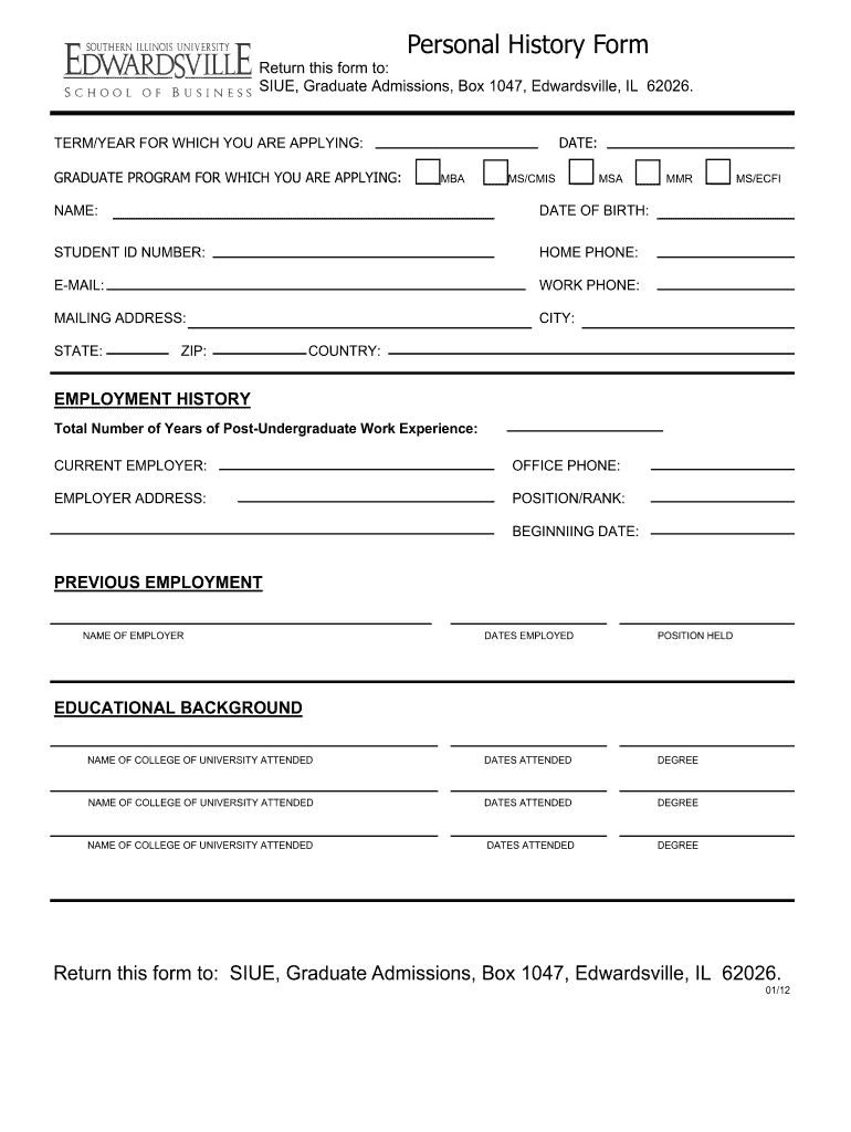 Personal History Form PHF  Siue
