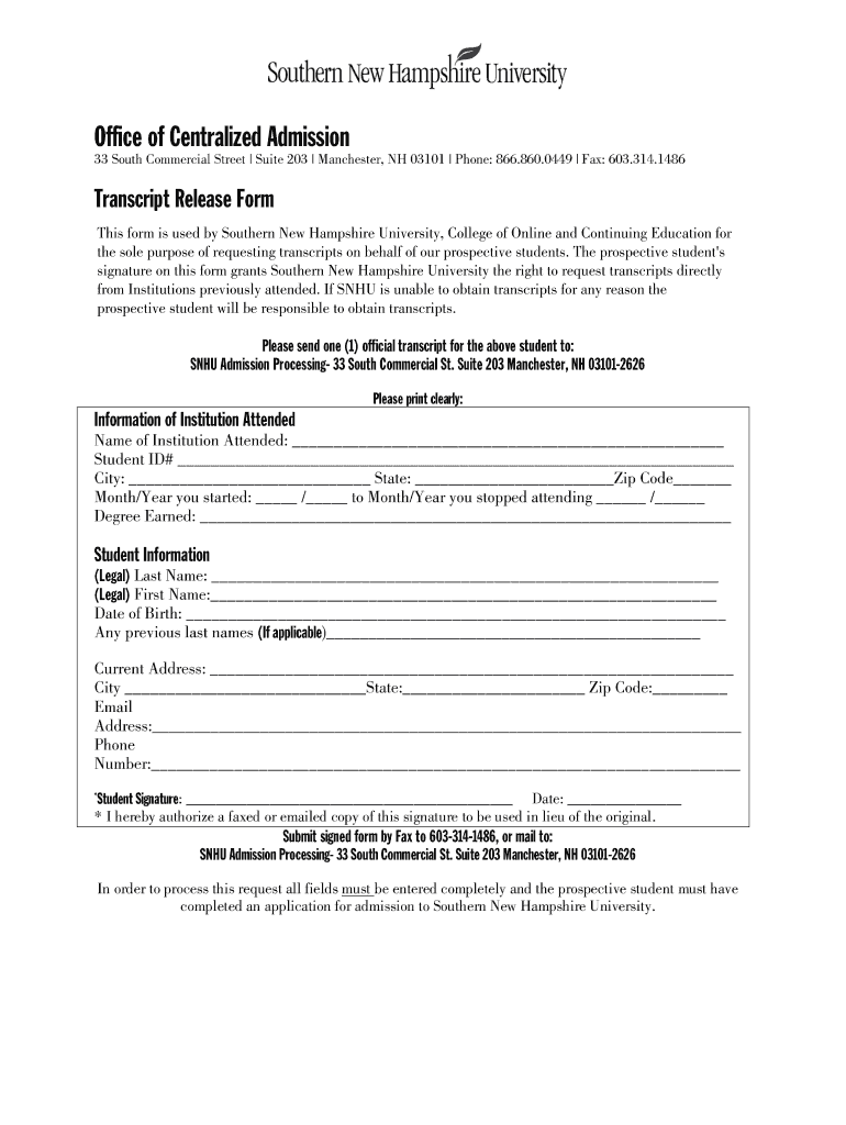 Snhu Transcript Request  Form