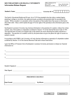 Information Release Form Southeastern Louisiana University Selu