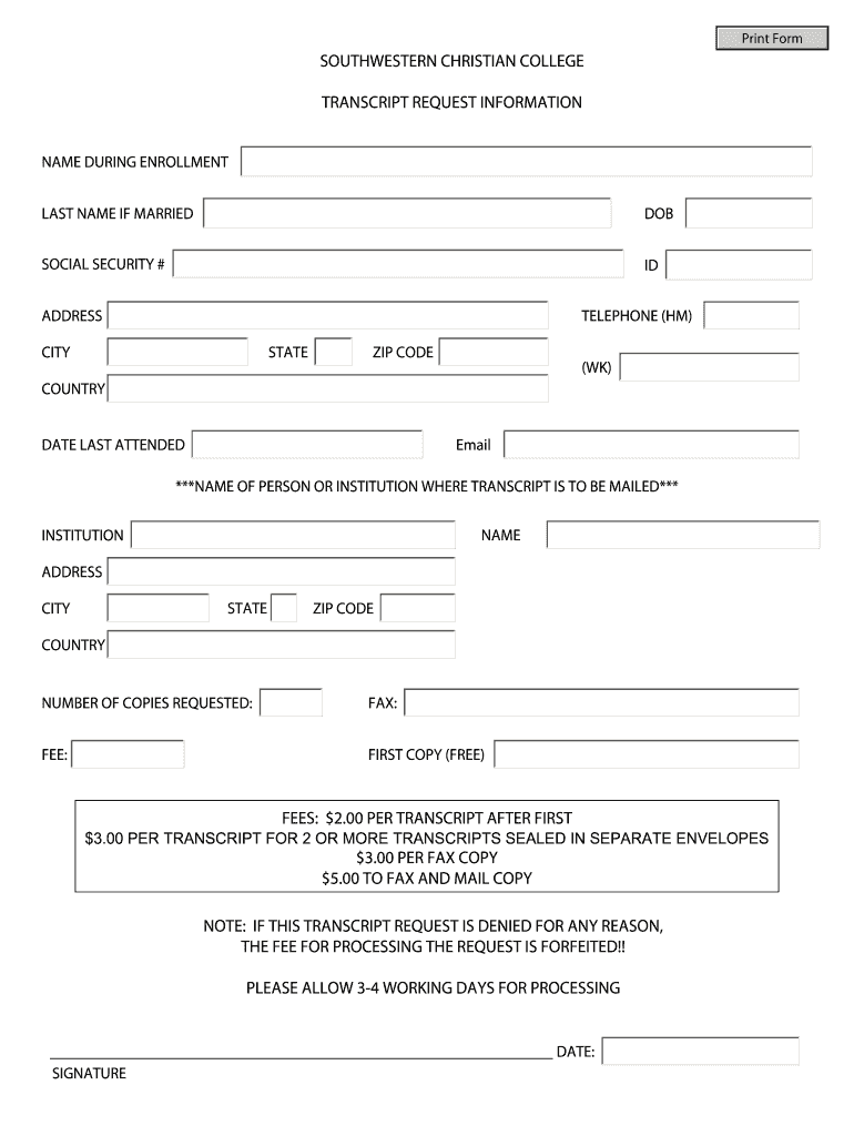 Southwestern Christian College Transcript  Form