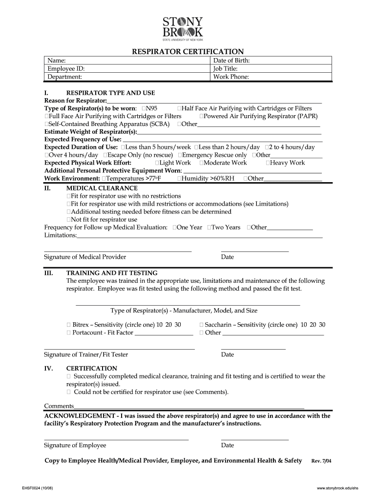  Stonybrook Respirator Certification Form 2008-2024