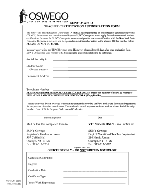 TEACHER CERTIFICATION AUTHORIZATION FORM SUNY Oswego Oswego