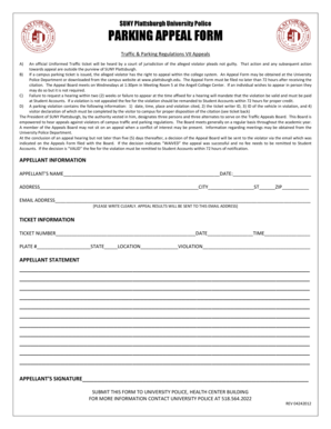  PARKING APPEAL FORM SUNY Plattsburgh Plattsburgh 2012-2024