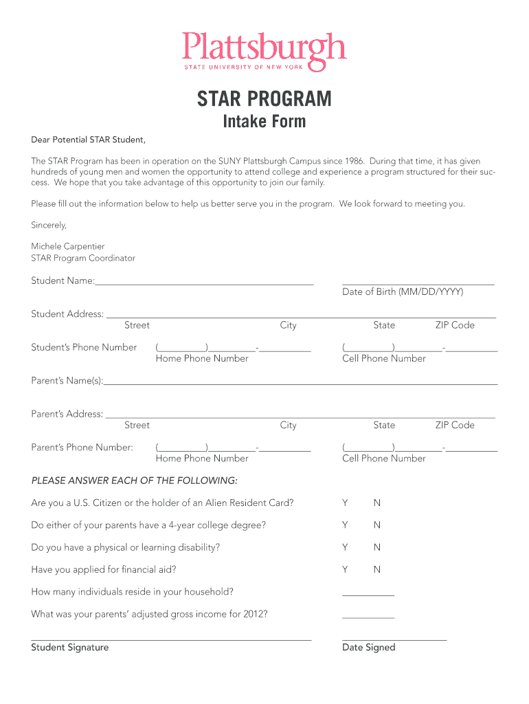 Plattsburgh Star Program  Form
