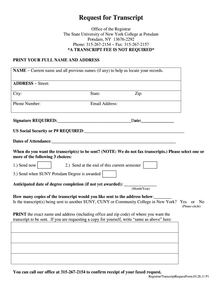  Suny Potsdam Transcript Request  Form 2011