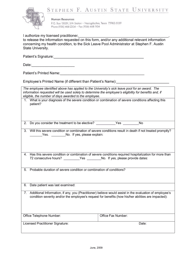  Sick Leave Pool Request Packet Stephen F Austin State University 2009-2024