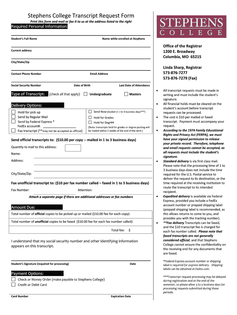 Stephens College Transcript Request  Form