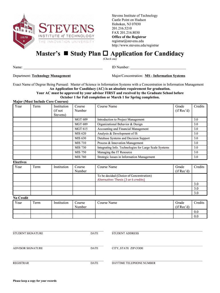 Stevens Msis Study Plan Form