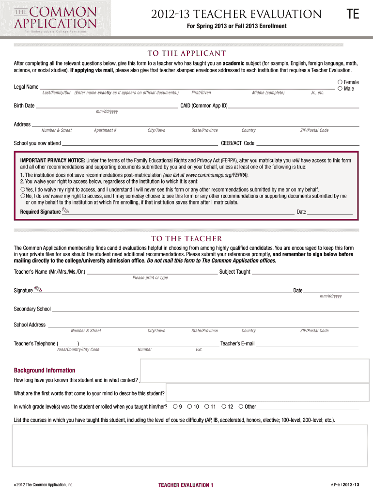 Common App Recommendation  Form