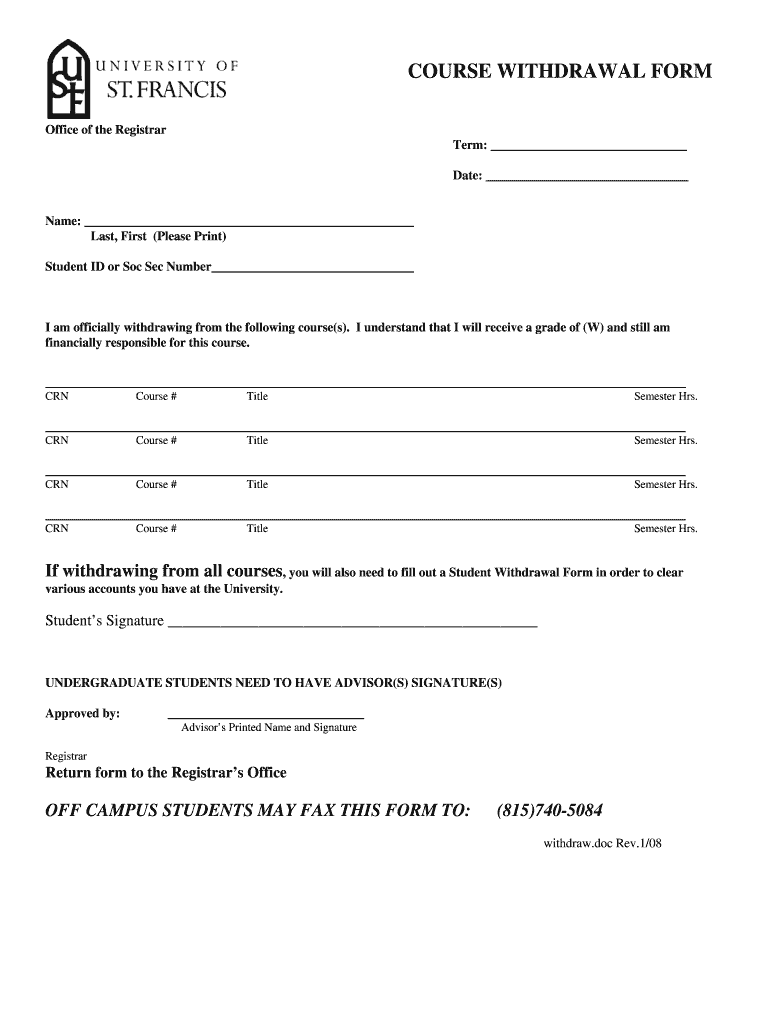  University Withdrawal Form University of Saint Francis 2008-2024