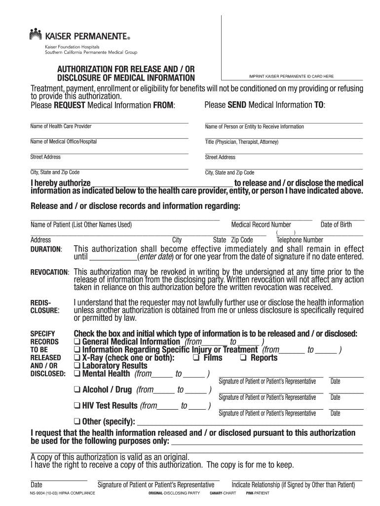  Kaiser Permanente Forms Medical Release Forms 2003