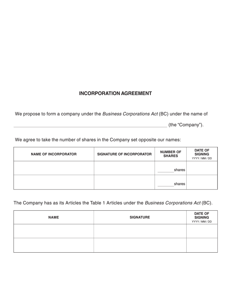 Incorporation Agreement  Form