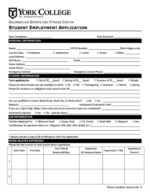 Student Employment Application York College of Pennsylvania Ycp  Form