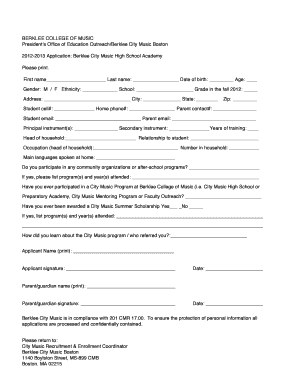 Music School Application Form PDF
