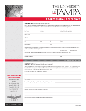 The University of Tampa Professional Referernce Form