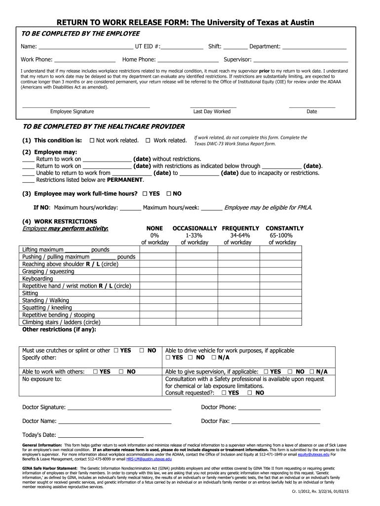 Medical Release To Return To Work Form Fill Out And Sign Printable Pdf Template Signnow