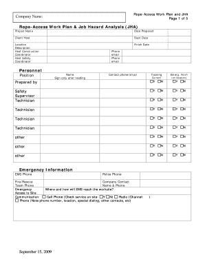 September 15, Rope Access Work Plan &amp; Job Hazard Analysis Utexas  Form