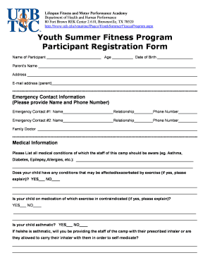 Youth Summer Fitness Program Participant Registration Form Utb