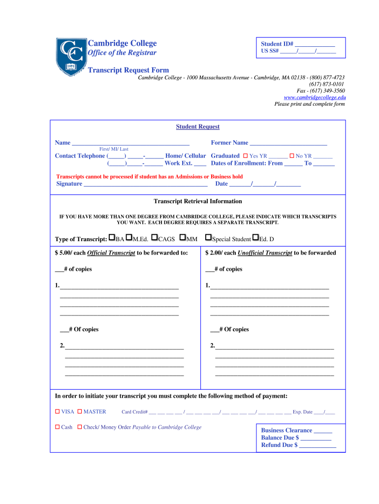 Cambridge College Transcript Request  Form