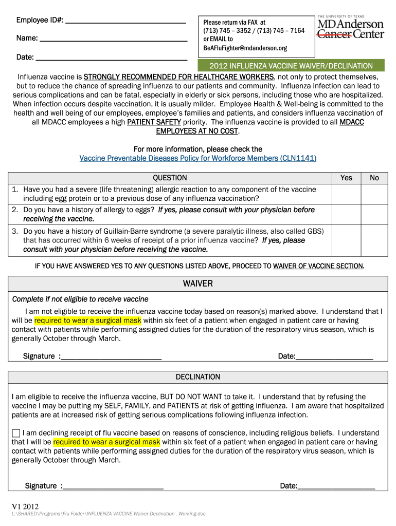 Flu Shot Waiver Form California