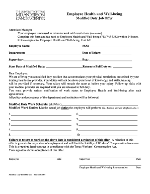Modified Work Duty Letter  Form