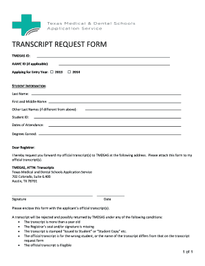 Tmdsas Transcript Request Form