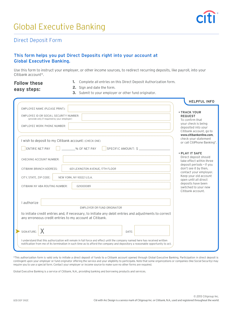 Citibank Direct Deposit Payroll  Form