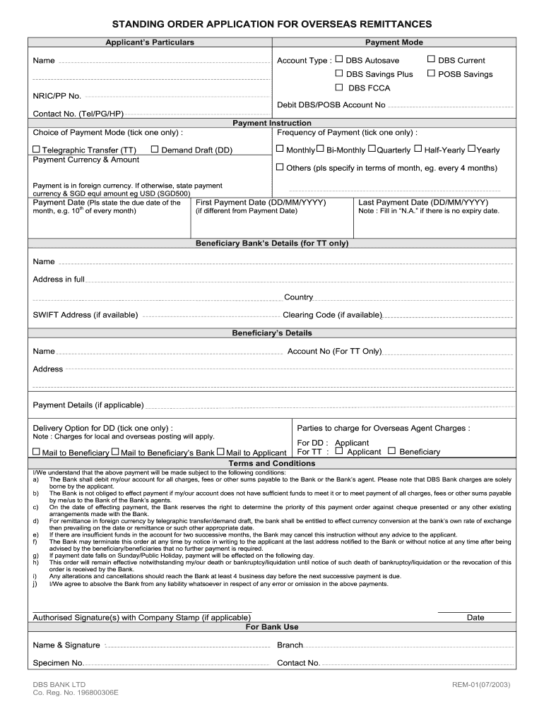  Dbs Standing Order Form 2003-2024