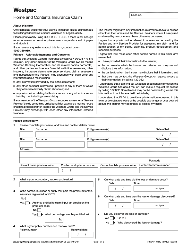  Claim Form Westpac 2010