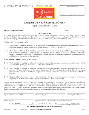 Durable Do Not Resuscitate Order University of Virginia Virginia  Form