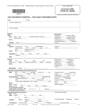 UVA CHILDRENS HOSPITAL PICU DAILY PROGRESS NOTE Virginia  Form