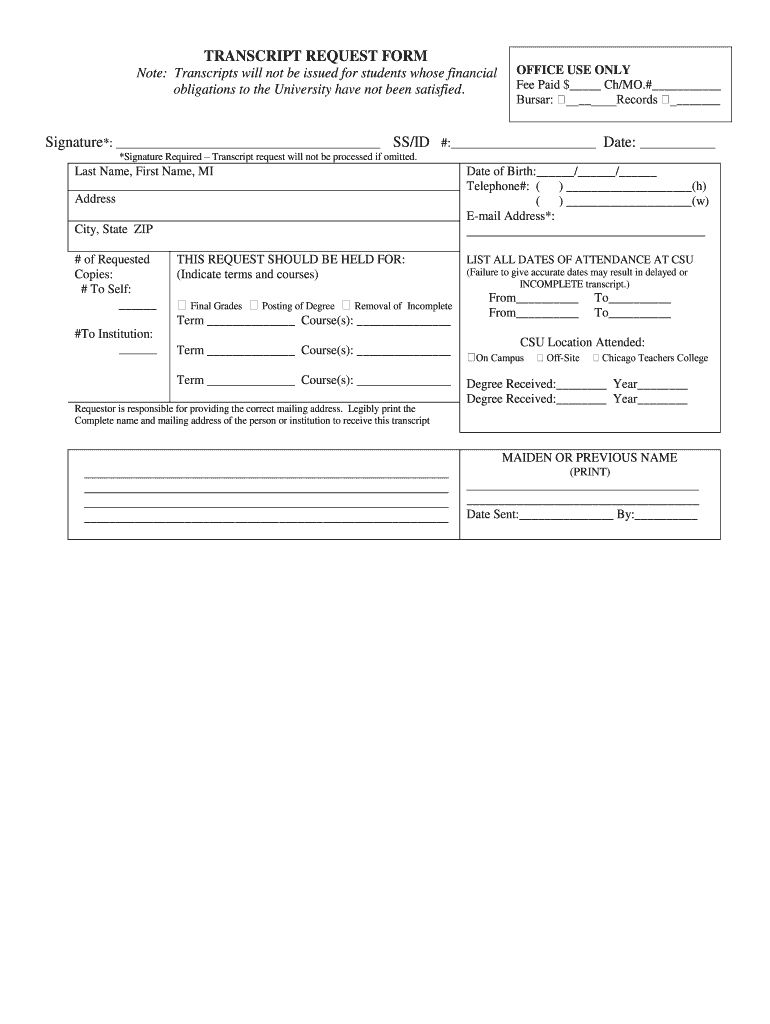 Chicago State University Transcripts  Form