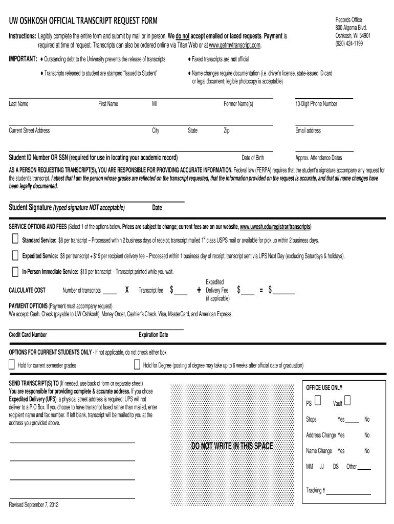  Uw Oshkosh Transcript Request Form 2012
