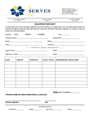VOLUNTEER TIME SHEET I Hereby Verify the above Information is Csn