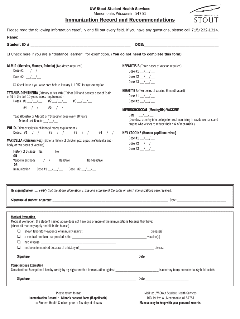 Immunization Record and Recommendations Form  University of    Uwstout