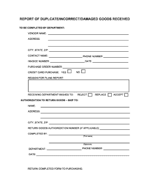 Damaged Goods Report Template  Form