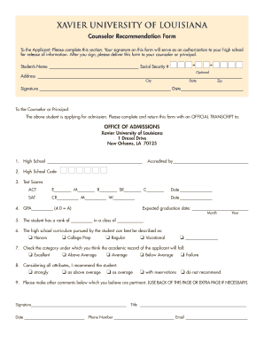 Xavier University of Louisiana Counselor Recommendation Form