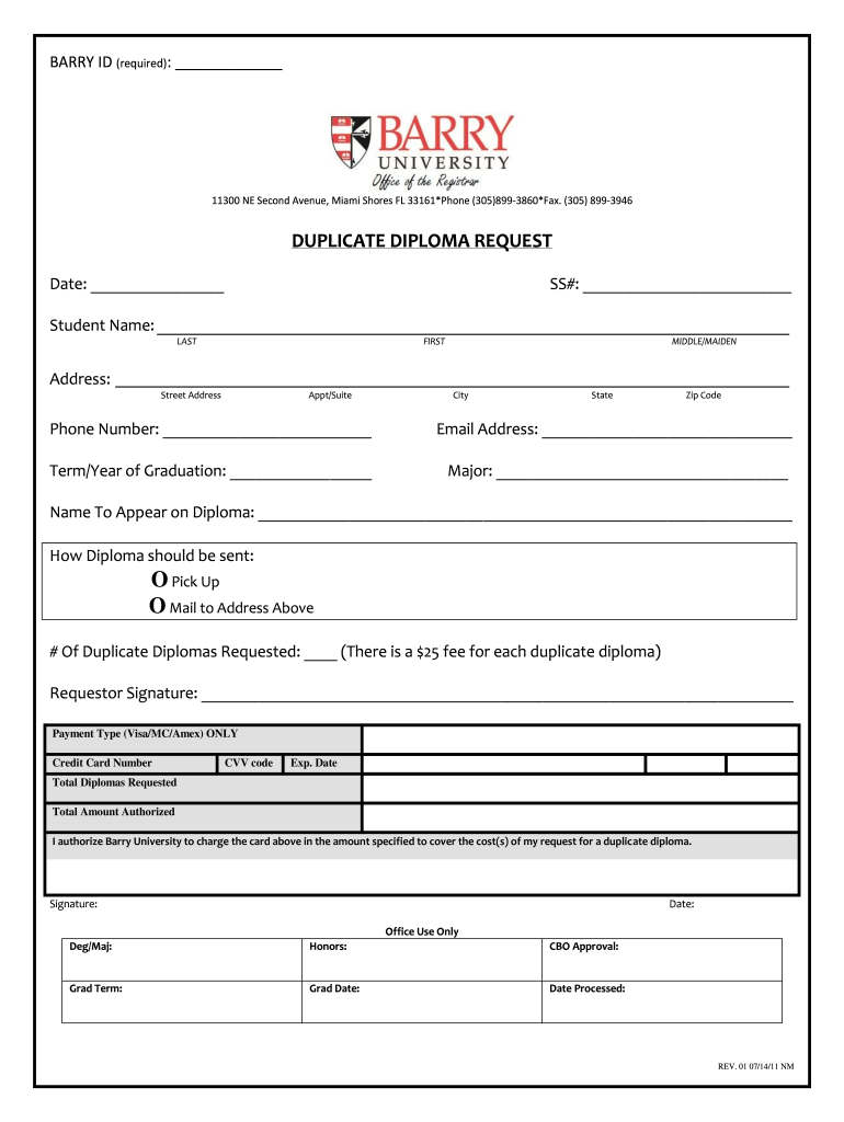 Barry University Duplicate Diploma Form