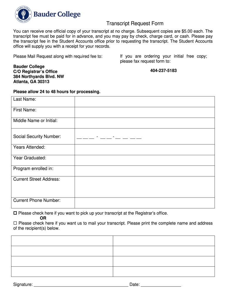 Bauder College Transcript Request  Form