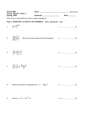 Bellevue College Math Finals  Form