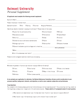 Belmont Personal Supplement Form